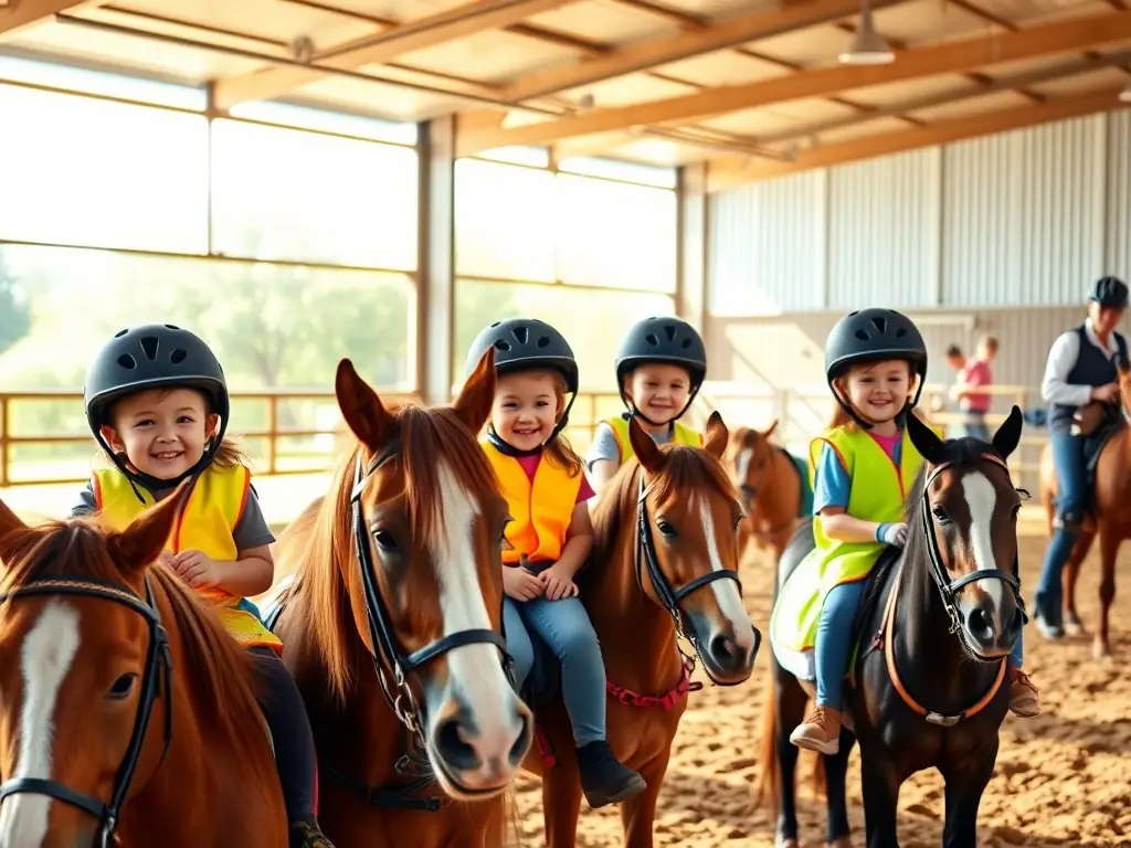 A group of children participating in a beginner's riding lesson at TOUS A CHEVAL, with instructors guiding them on ponies in a safe, enclosed arena. The scene is bright and cheerful, emphasizing the fun and supportive environment.