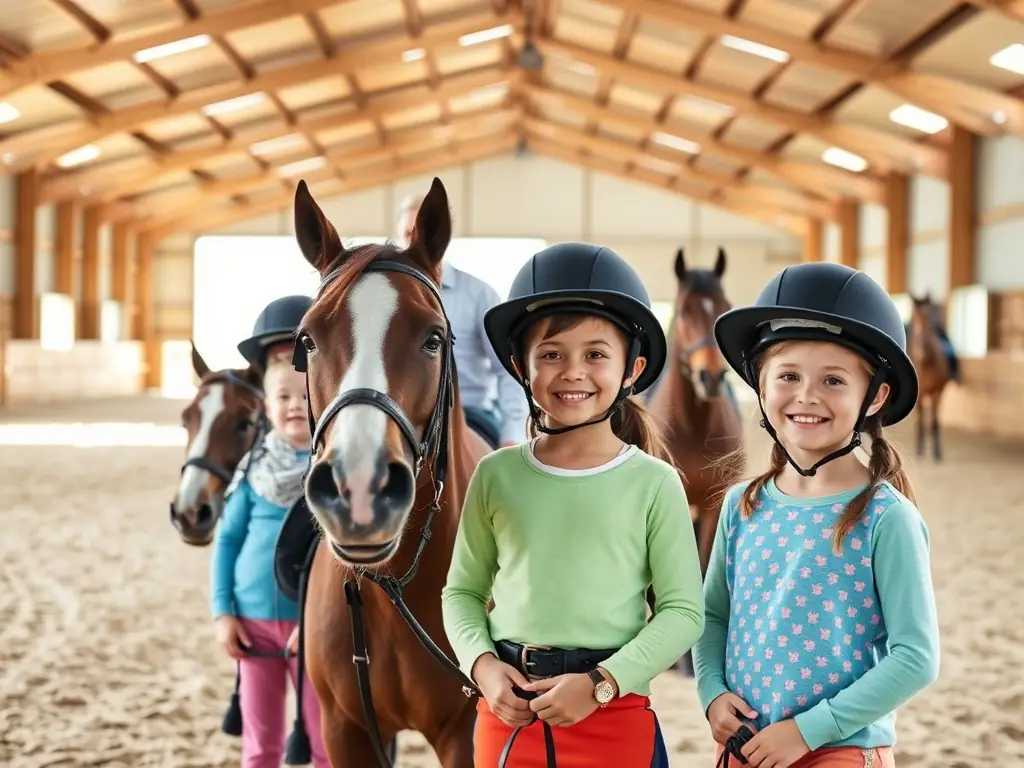A group of children learning basic riding skills in a safe, enclosed arena, with an instructor providing guidance. The scene is bright and cheerful, emphasizing the fun and educational aspects of the program.