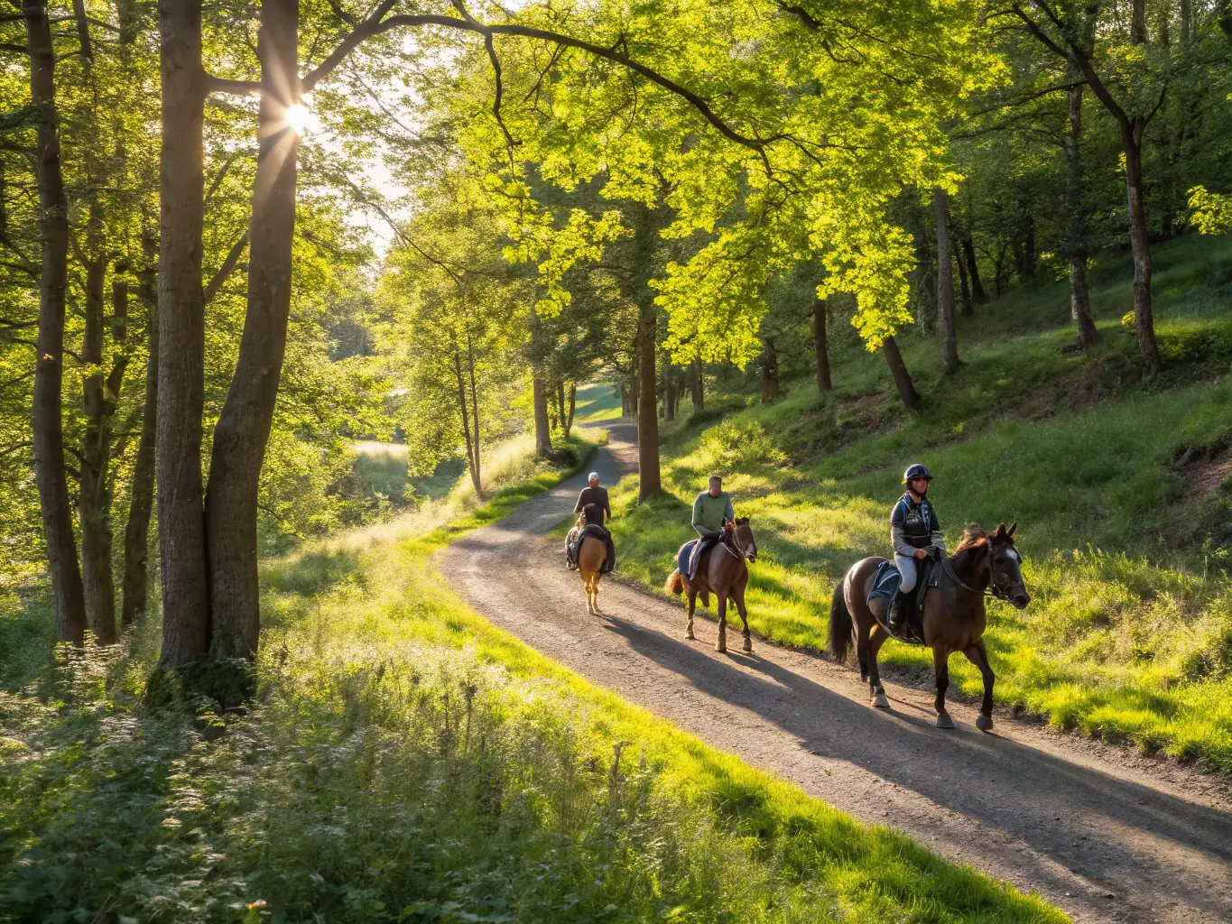 A group of riders of varying abilities enjoying a scenic trail ride through a lush, green countryside. The atmosphere is relaxed and inclusive, emphasizing the therapeutic benefits of horseback riding.
