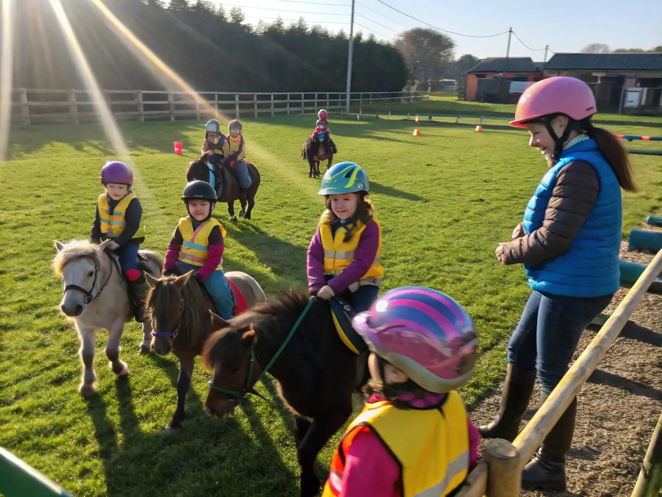 A group of children learning basic horse riding skills in a safe, enclosed arena, with instructors providing guidance and support. The scene is bright and cheerful, emphasizing the fun and educational aspects of the program.