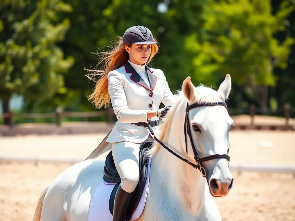 An adult rider participating in a dressage training session, showcasing precision and elegance. The setting is a well-maintained outdoor arena with professional equipment.
