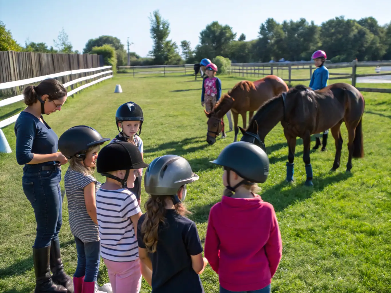 A group of children participating in a beginner's equestrian lesson, led by an instructor, in an outdoor arena at TOUS A CHEVAL. The children are smiling and appear engaged, while the instructor provides guidance.