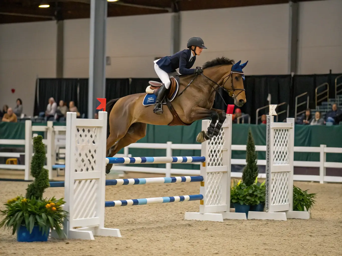 A photograph of a horse jumping over an obstacle during an equestrian competition organized by TOUS A CHEVAL. The rider is focused and determined, showcasing their skill and training.