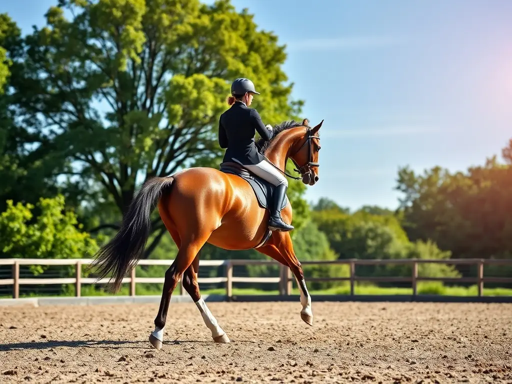 An adult rider participating in a dressage training session, showcasing precision and elegance in their movements. The setting is a well-maintained dressage arena, highlighting the discipline and artistry of the sport.