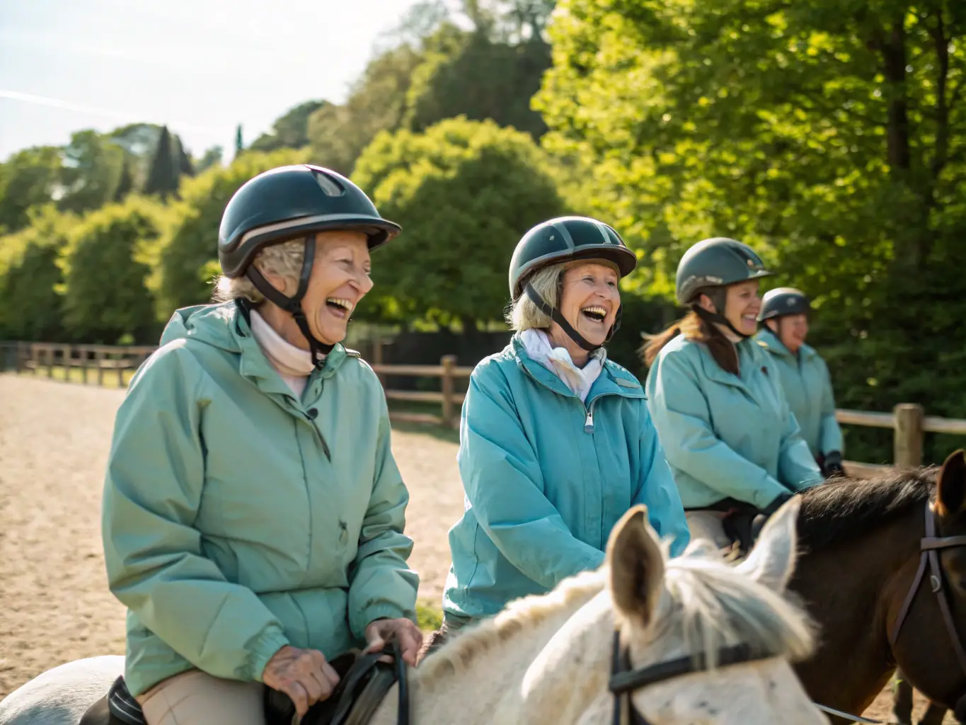 A group of riders participating in a therapeutic riding session, guided by trained professionals, at TOUS A CHEVAL. The riders are visibly relaxed and enjoying the interaction with the horses.