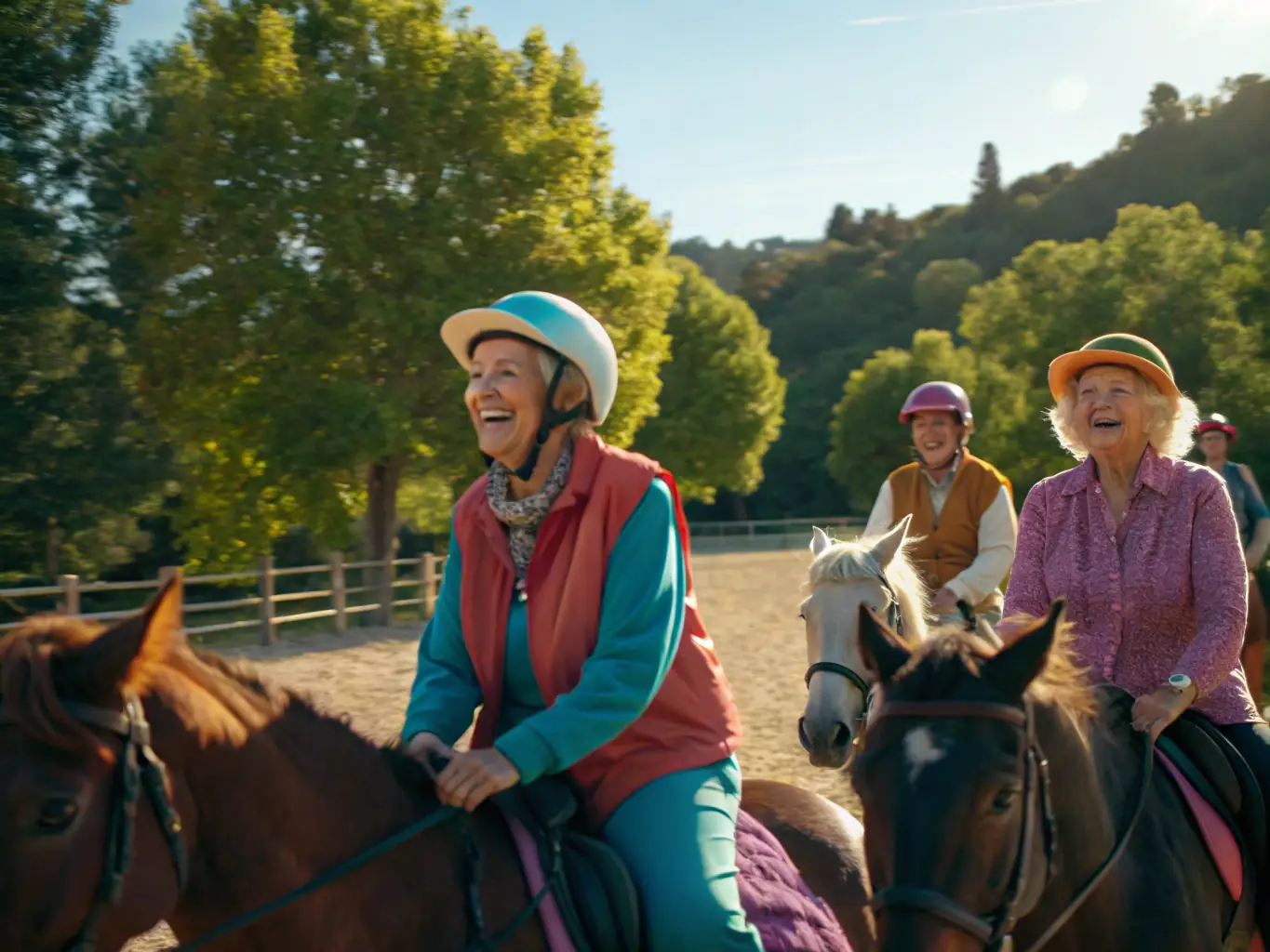 A group of individuals with disabilities enjoying a therapeutic riding session at TOUS A CHEVAL, showcasing the inclusive and supportive nature of the program. The image highlights the positive impact on their well-being.