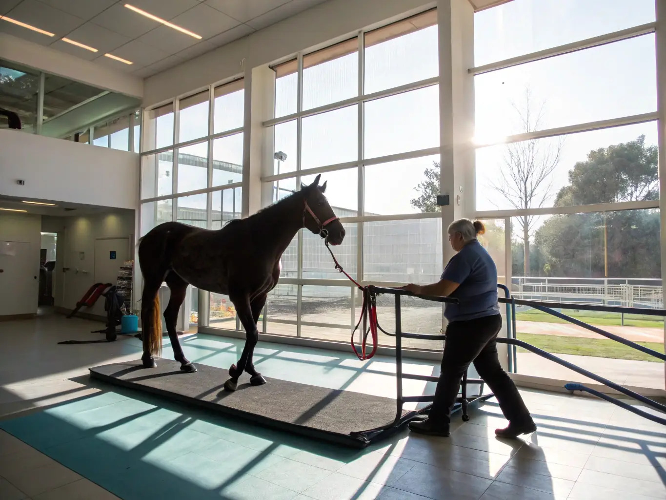 A therapeutic riding session with an individual with disabilities, guided by trained professionals. The horse is calm and gentle, and the environment is supportive and encouraging.