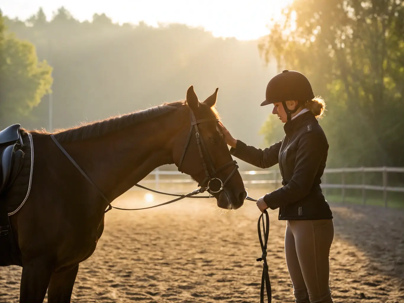 A serene image of a person connecting with a horse, emphasizing the mental and emotional benefits of equestrian activities.